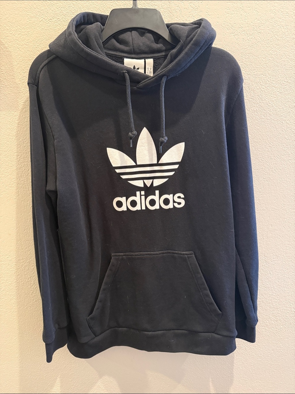 adidas Black Hoodie with White Trefoil Logo and pocket, unisex medium
